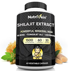 Nutrivein Shilajit bottle pour shows resin blend for daily energy support.