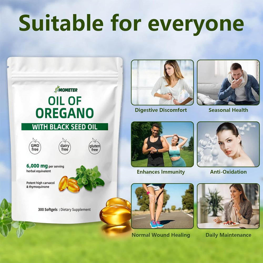 300-count bottle of Nutrivora oregano and black seed oil capsules