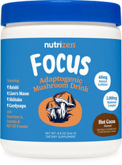 Nutrizen AM Focus Hot Cocoa Mushroom Drink canister on shelf