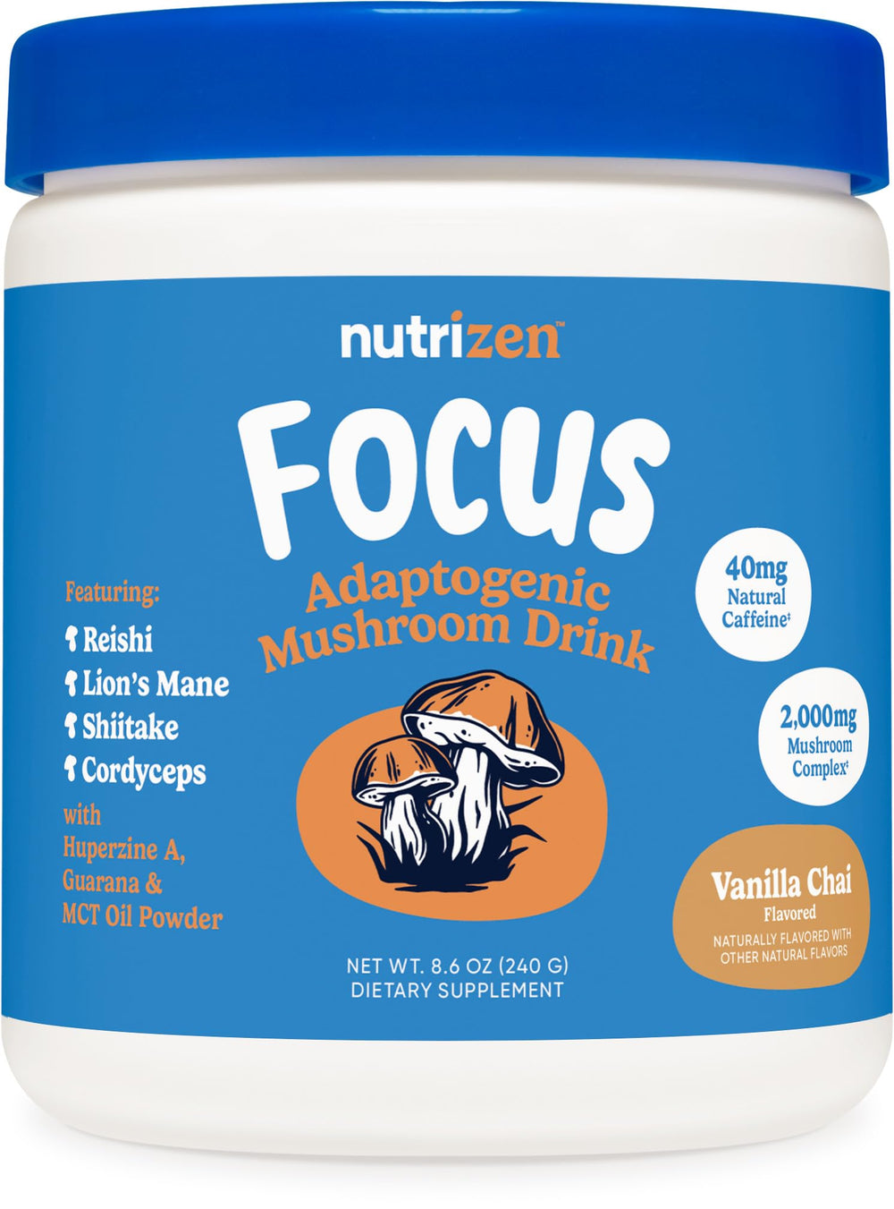 Bottle of Nutricost Nutrizen AM Focus Adaptogenic Mushroom Drink Vanilla Chai with 30 servings