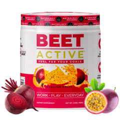 Nutrology Beet Active powder tub open pre-workout energy for workouts.