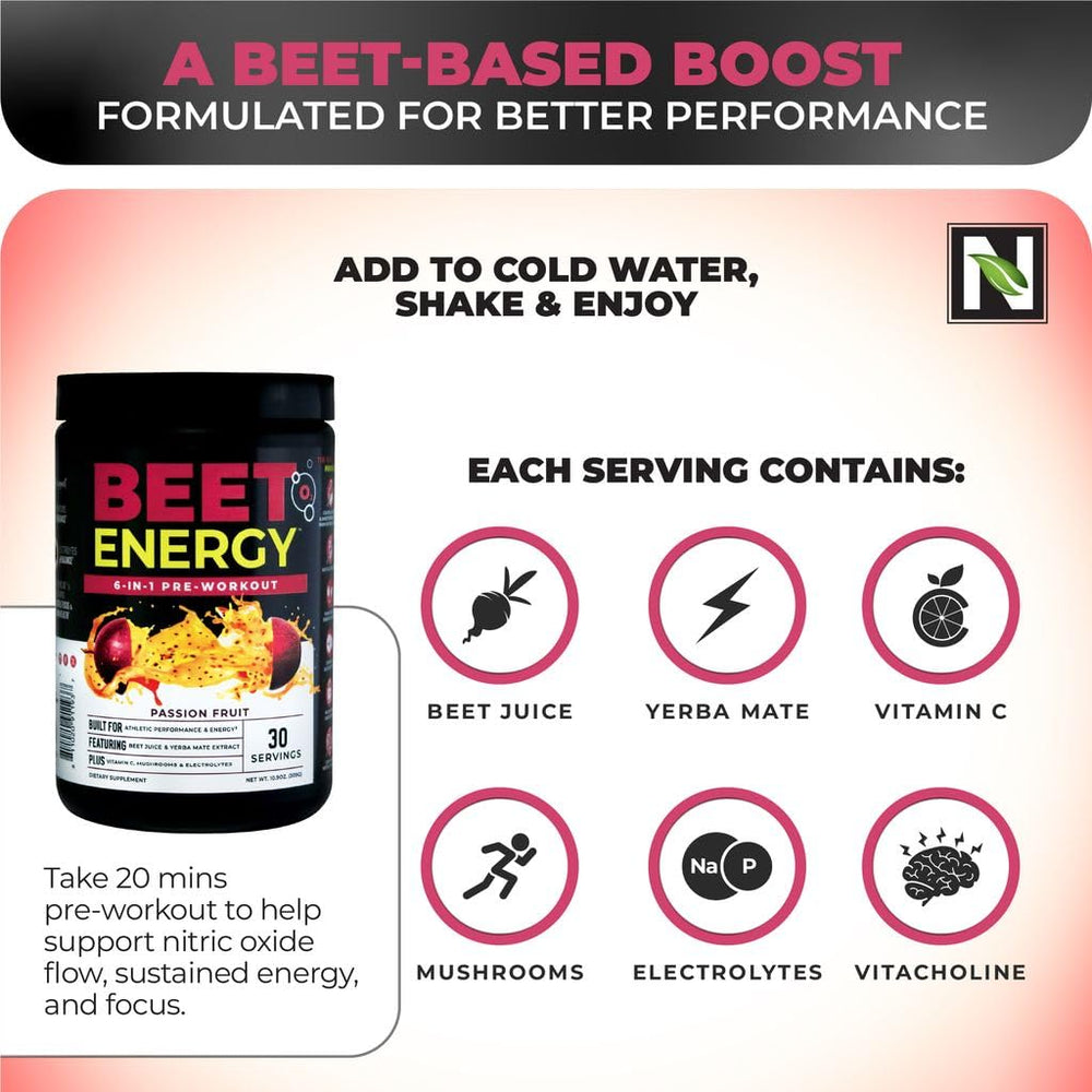Nutrology Beet Energy O2 powder visual showcases passion fruit flavor and smooth mixability