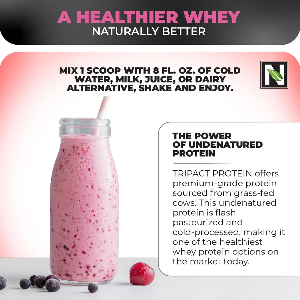 Nutrology TRIPACT ingredient panel highlights protein sources and superfoods included.