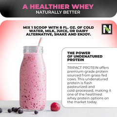 Nutrology TRIPACT ingredient panel highlights protein sources and superfoods included.