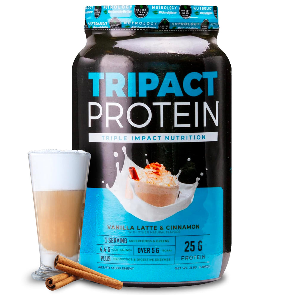 Nutrology Tripact protein powder tub front view highlighting premium must-have protein blend
