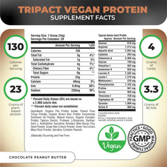 Nutrology TRIPACT protein powder tub side view showing allergen-friendly packaging for vegan meals.