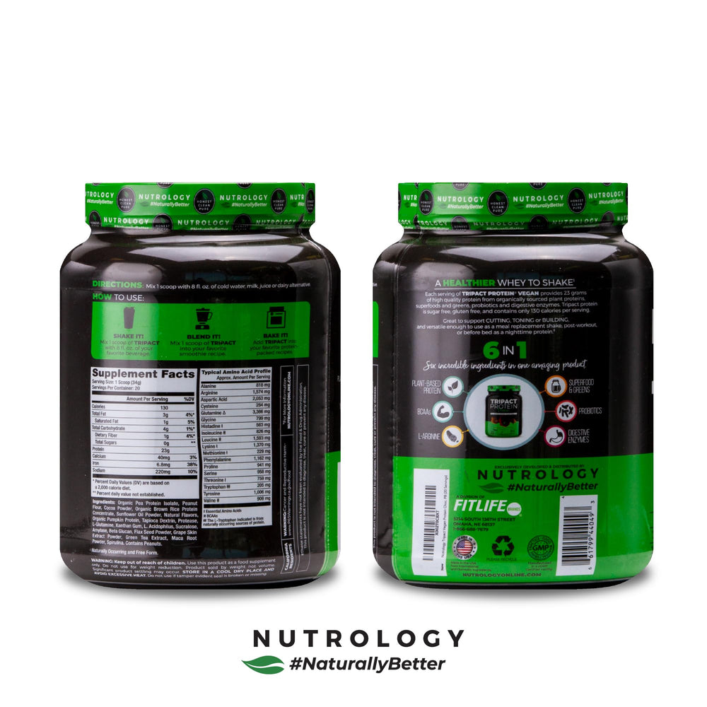 Nutrology TRIPACT shake glass in chocolate peanut butter flavor suggesting a creamy meal replacement.