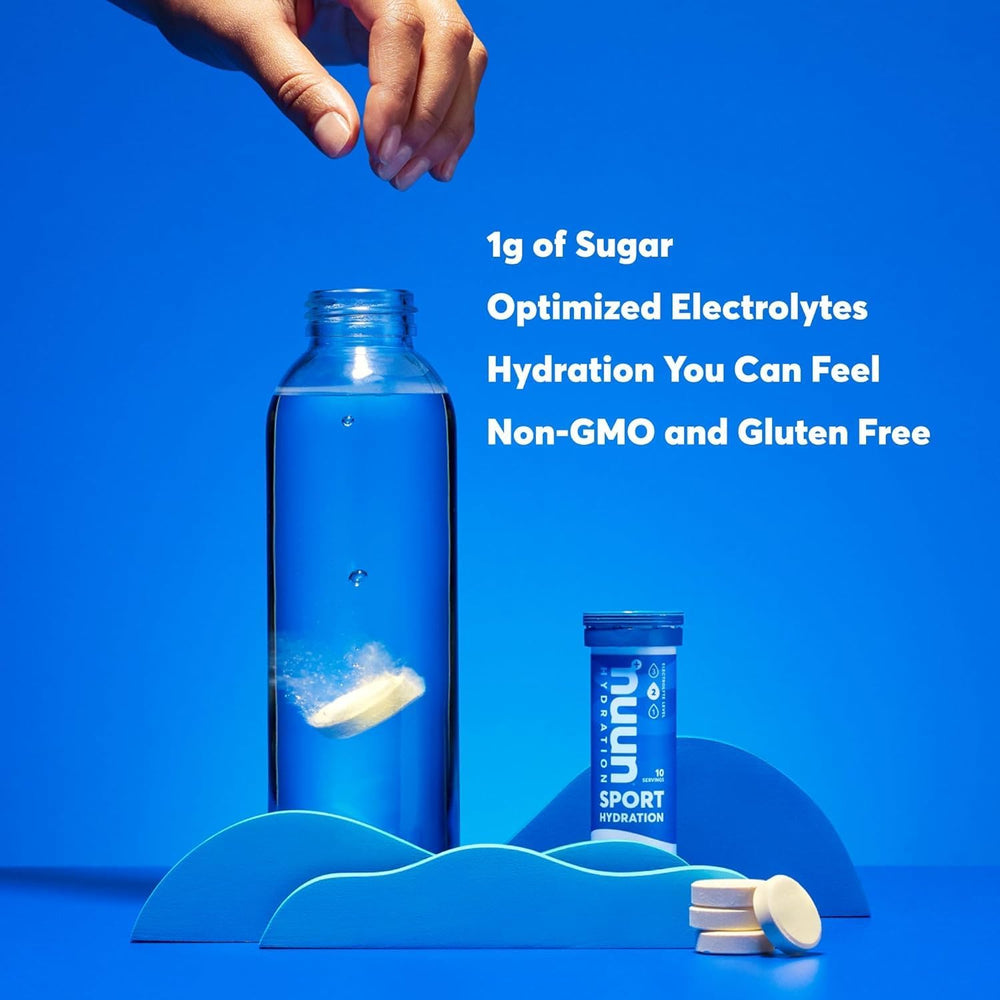 Six-pack of Nuun Active Strawberry Lemonade tubes on a white background