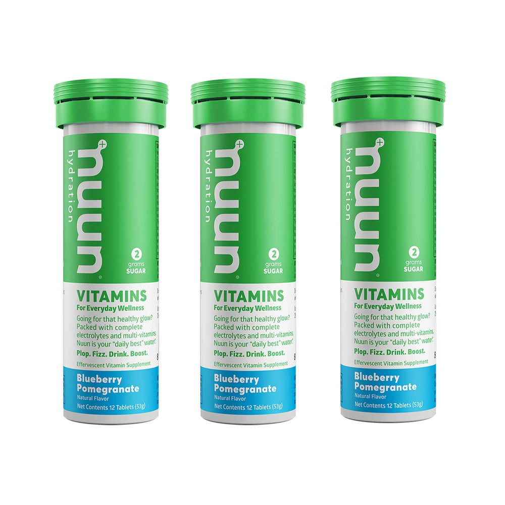 Nuun Vitamins Blueberry Pomegranate hydration supplement packaging showing 3 tubes