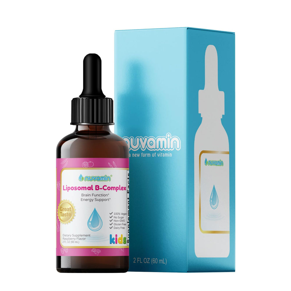 Front view of Nuvamin Liposomal B-Complex Drops raspberry flavor bottle