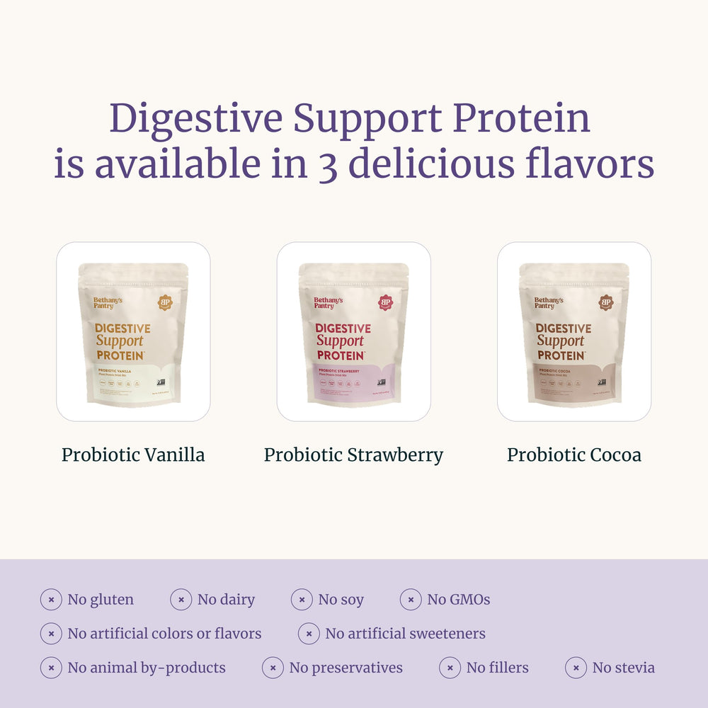 Nuzest Bethany's Pantry Digestive Protein tub on kitchen counter suggests clean vegan protein with probiotics