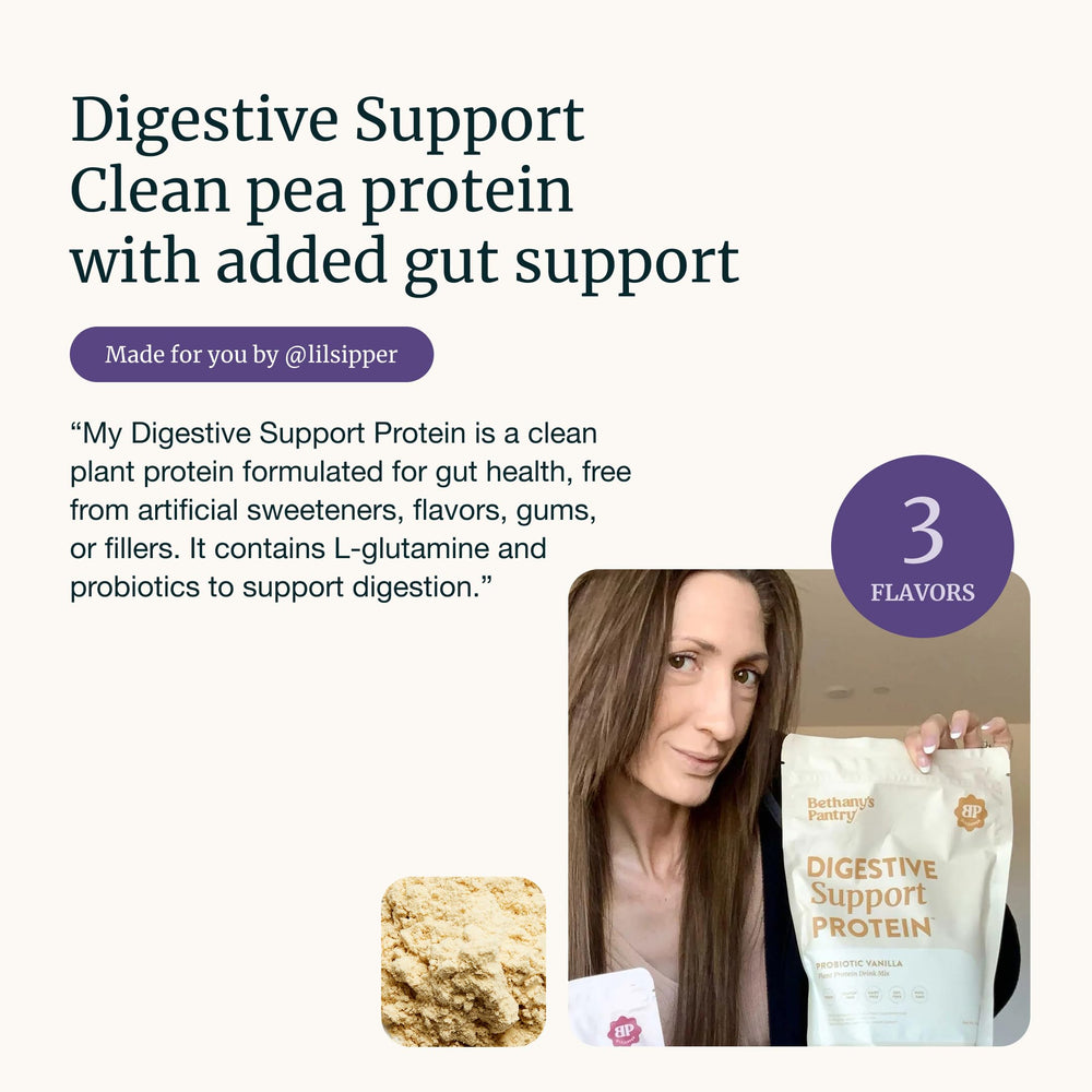 Nuzest Bethany's Pantry Digestive Protein probiotic-vanilla powder aiding daily digestion