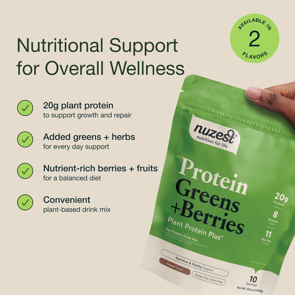 Nuzest Protein Greens + Berries Cocoa 300g nutrition panel