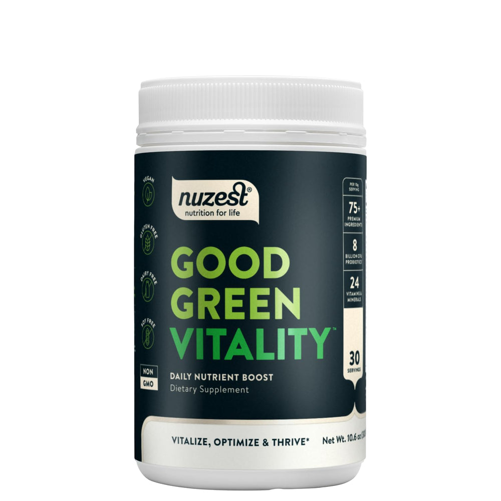 Front view of Nuzest Good Green Vitality Greens Powder 300g canister