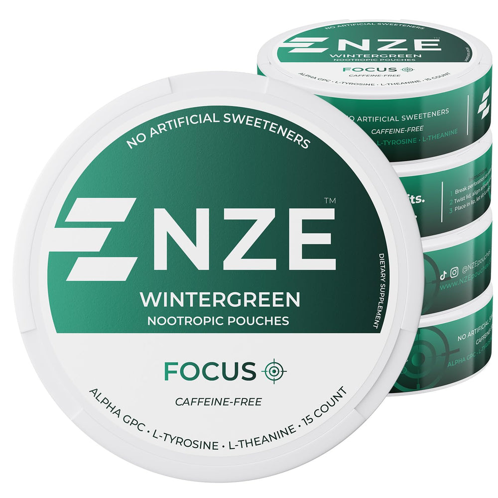 NZE caffeine-free nootropic pouches wintergreen can product image