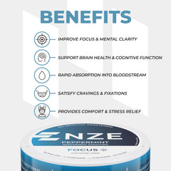 NZE Peppermint nootropic pouches showing 50mg L-Theanine and Alpha GPC.