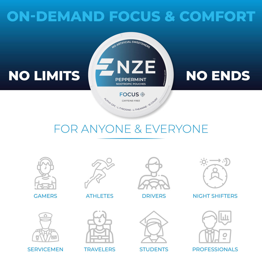 NZE Peppermint nootropic pouches USA manufacturing badge closeup.