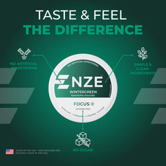 NZE pouch close-up shows L-Theanine and Alpha GPC ingredients.
