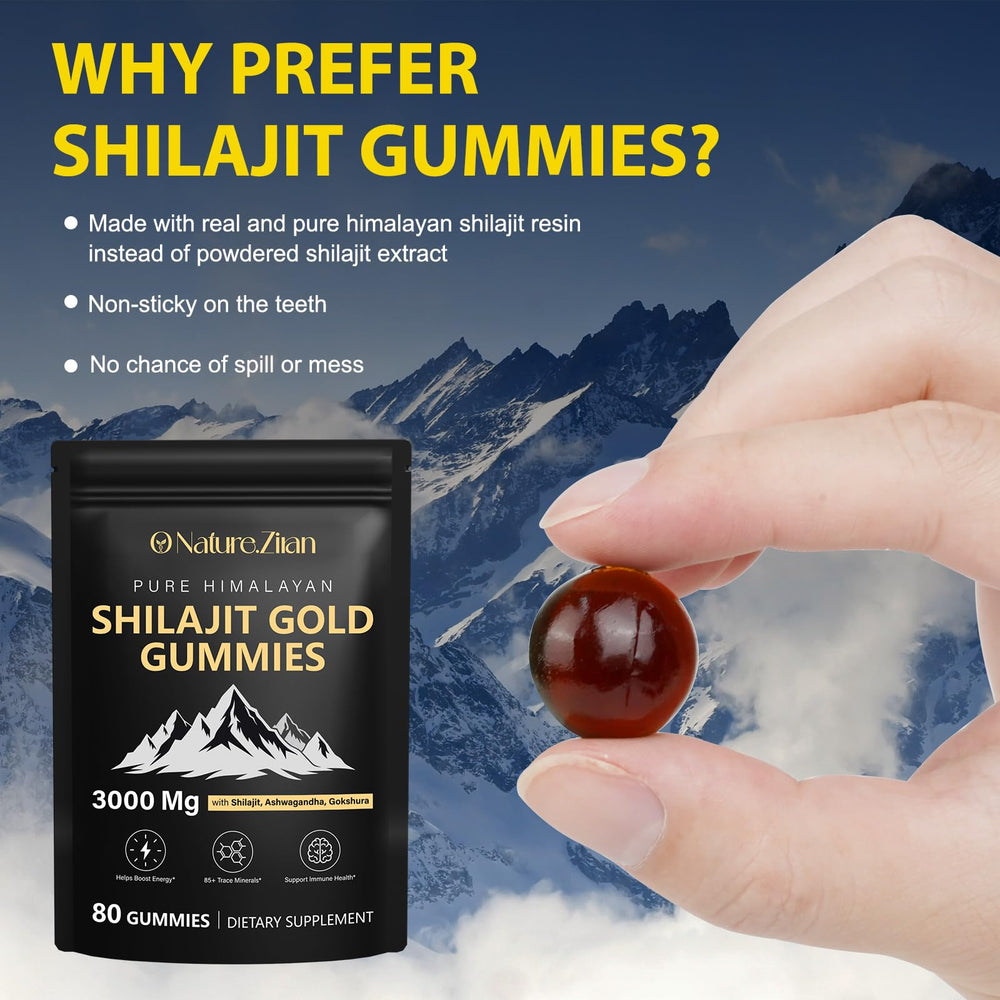 O NATURE . ZIRAN Shilajit Gummies texture close-up with golden hue.