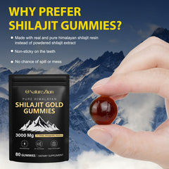O NATURE . ZIRAN Shilajit Gummies texture close-up with golden hue.