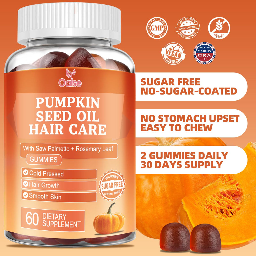 Ingredients include pumpkin seed oil, saw palmetto, rosemary leaf, zinc, and hydrolyzed protein