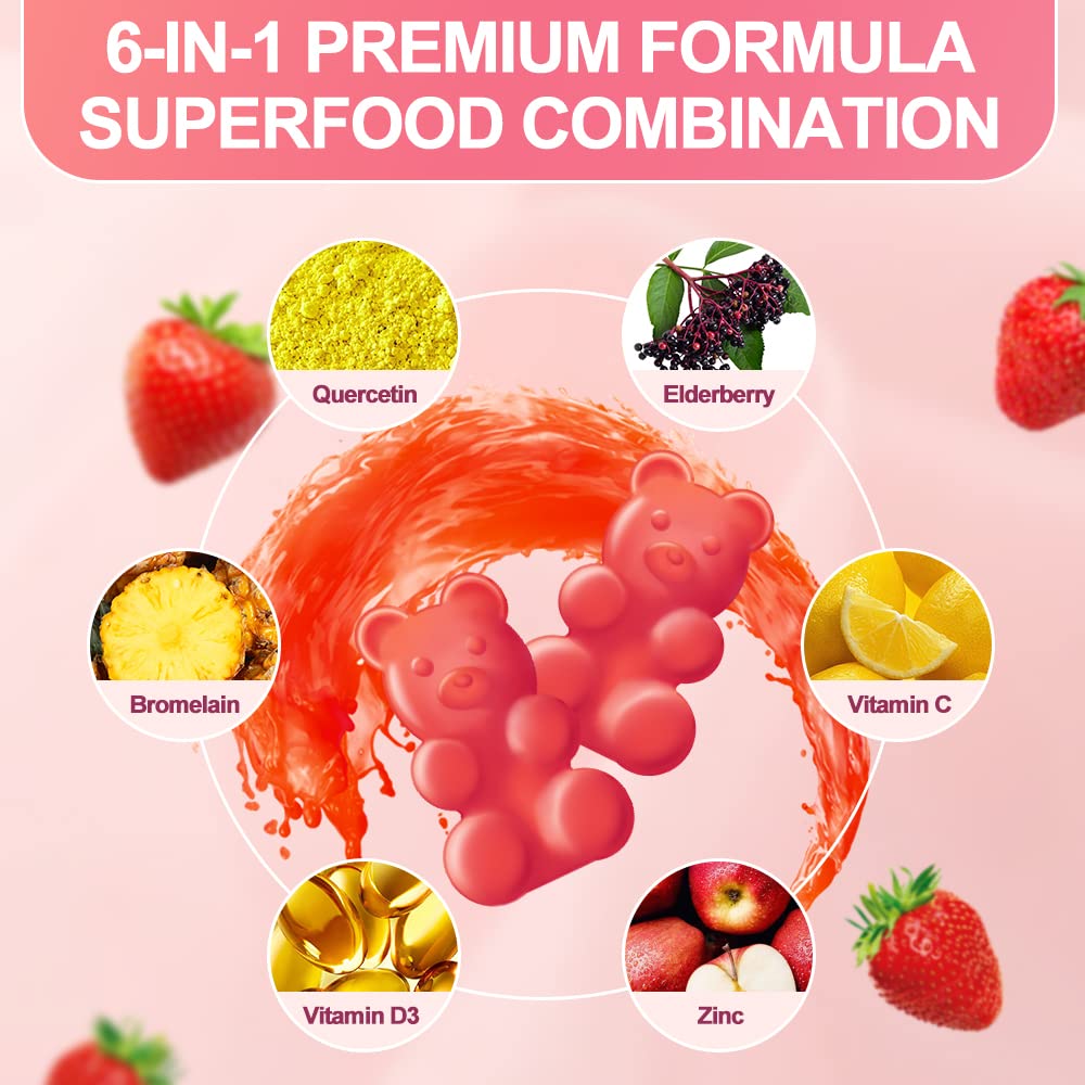 Nutritional facts highlighting quercetin, bromelain, zinc, vitamin C and D3