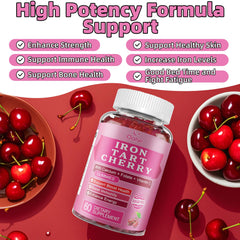 Two tart cherry-flavored gummies on white background