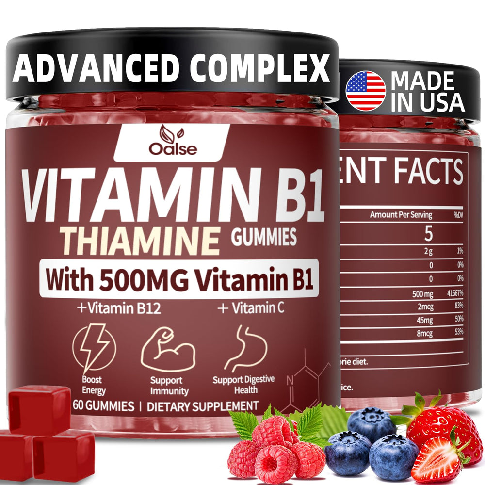 Bottle of OALSE Thiamine B1 Gummies 500g with mixed berries flavor, vegan and sugar-free