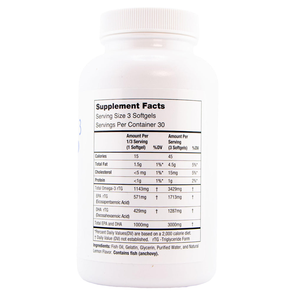 Close-up of Oasis Tears ON3000 Omega softgels highlighting EPA and DHA potency