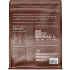 Oath Nutrition whey protein powder Chocolate Brownie scoop beside tub for quick shakes.