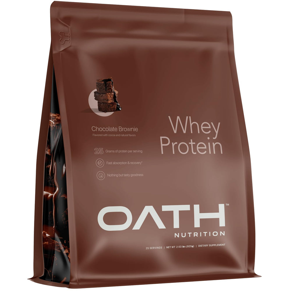 Oath Nutrition whey protein powder Chocolate Brownie tub front for protein-packed fueling.
