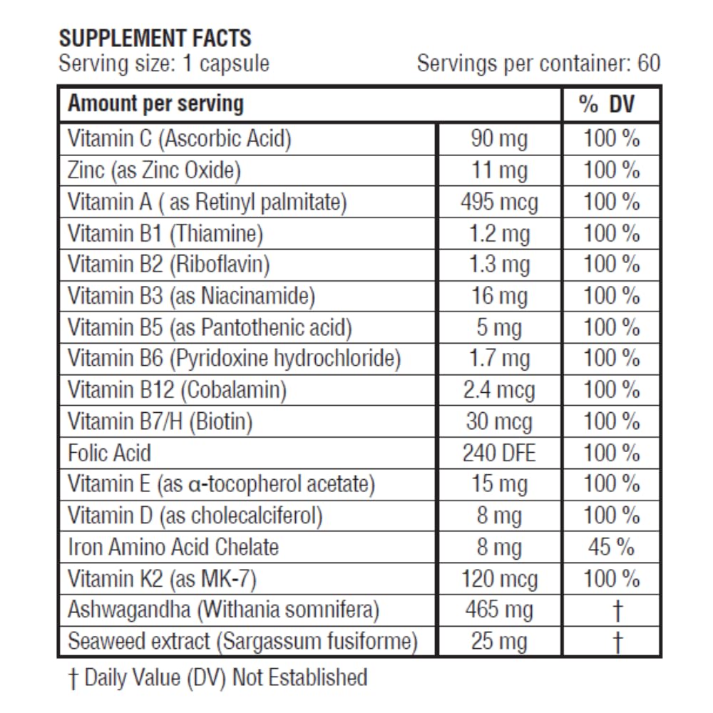 Close-up of Obel multivitamin capsules with Ashwagandha and Seaweed