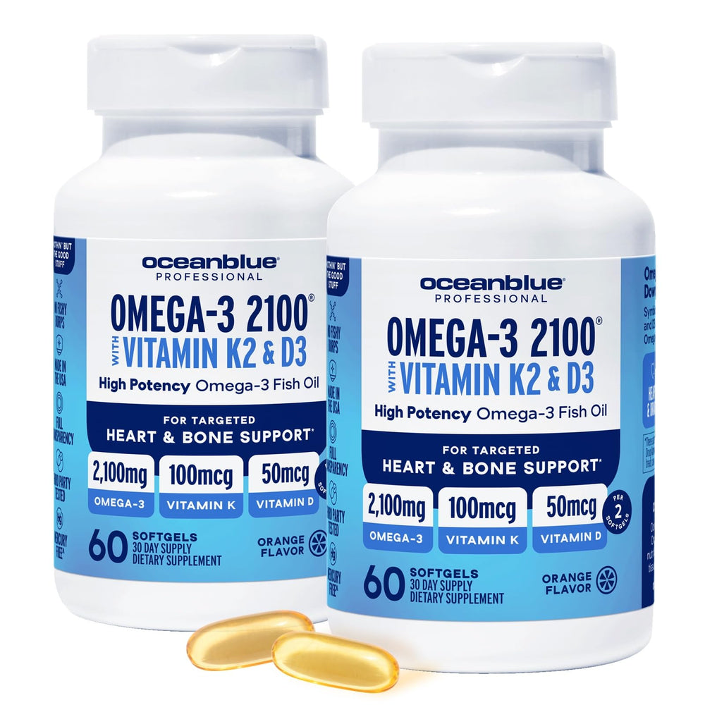 Oceanblue Omega-3 2100 mg with Vitamin K2 and D3 orange-flavor bottle