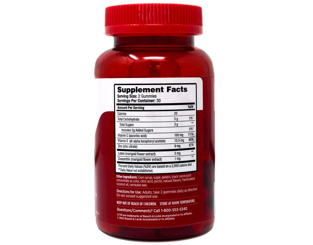 Close-up of Ocuvite Eye Health Gummies showing fruit-flavored gummies