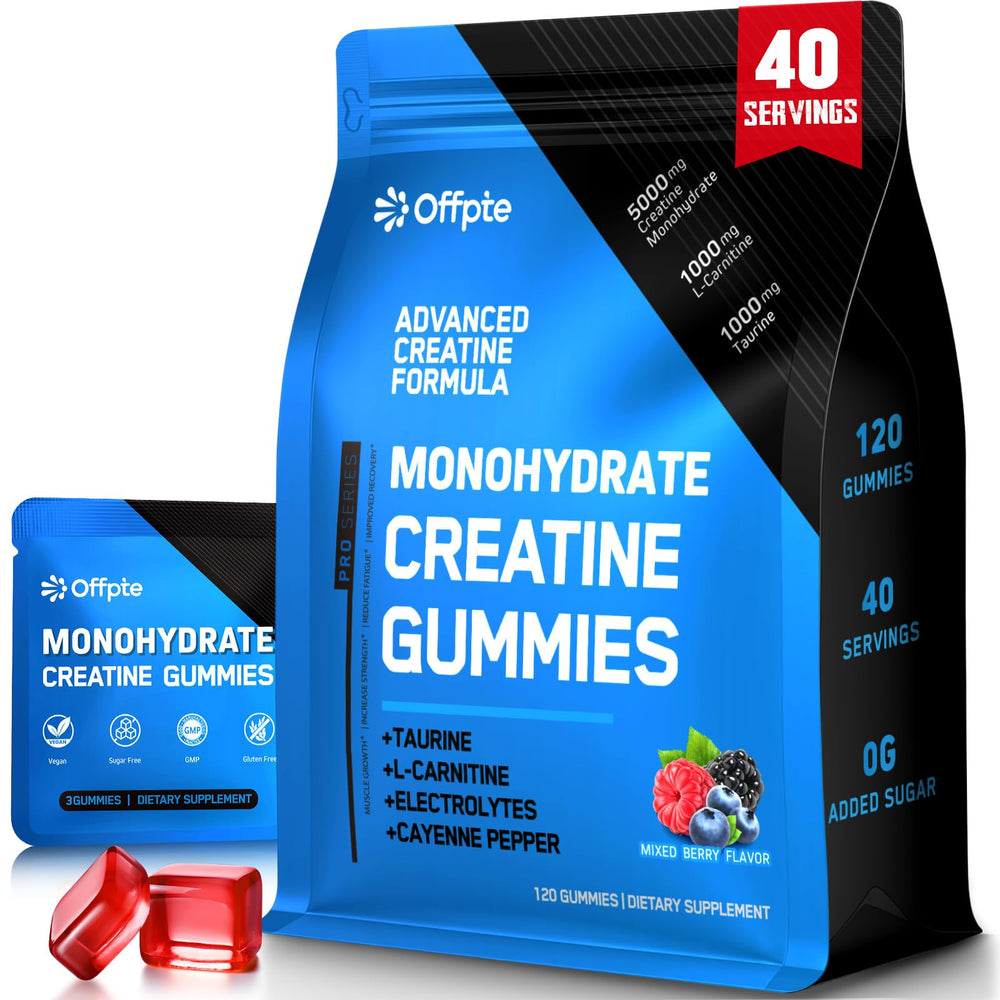 Blue bottle of OFFPTE Creatine Monohydrate Gummies with 120 gummies