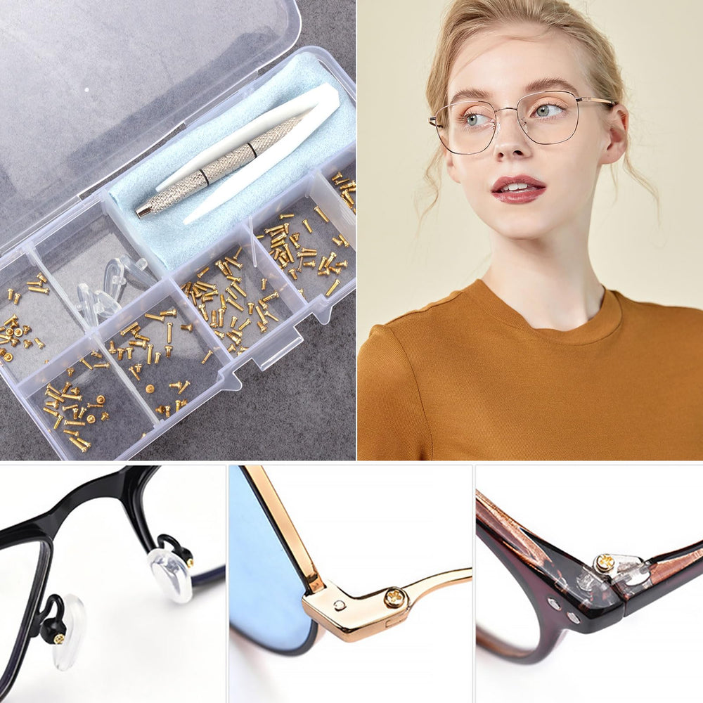 Close-up of rust-proof gold eyeglass screws