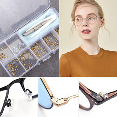 Close-up of rust-proof gold eyeglass screws