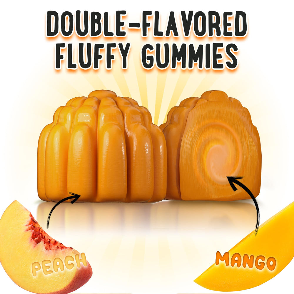 Close-up of vibrant Peach & Mango gummies