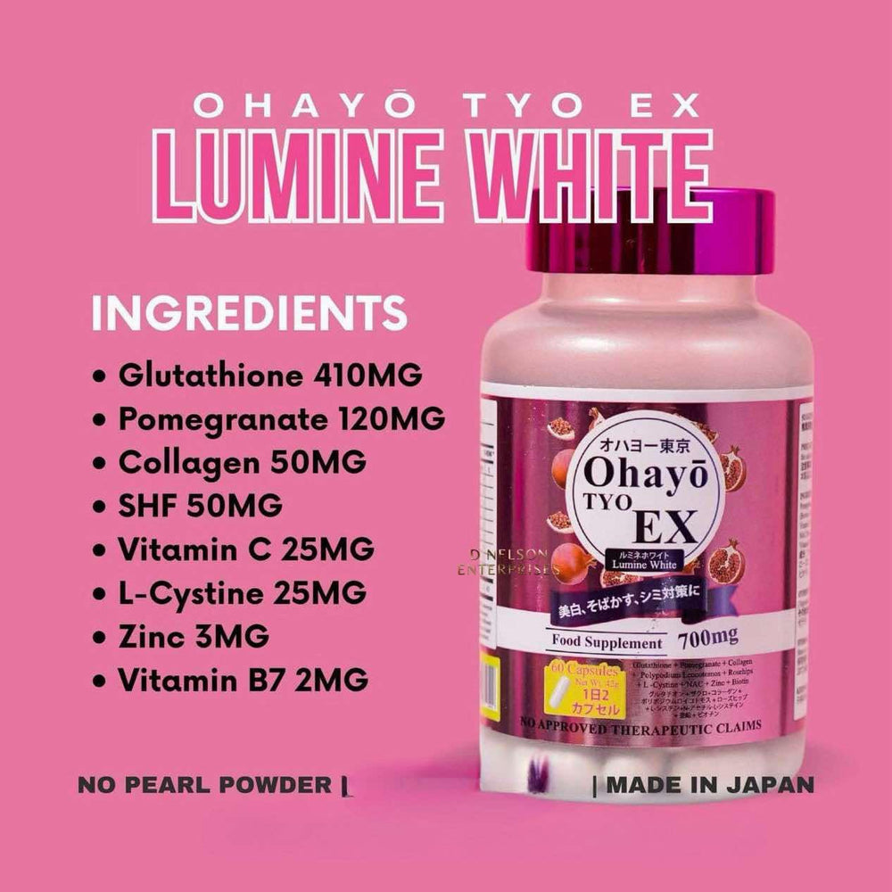 Packaging and capsules of OhayoTYO EX Lumine White Glutathione 700mg