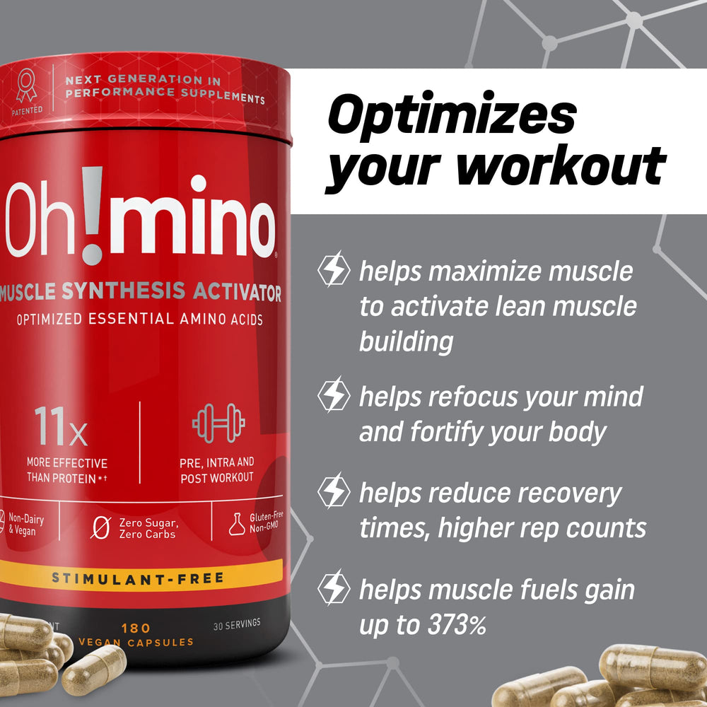 Oh!mino Essential Aminos lifestyle image emphasizes clean vegan nutrition for post-workout recovery.