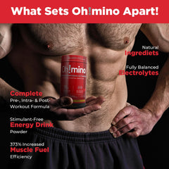 Oh!mino Essential Aminos lifestyle image emphasizes clean vegan nutrition for post-workout recovery.