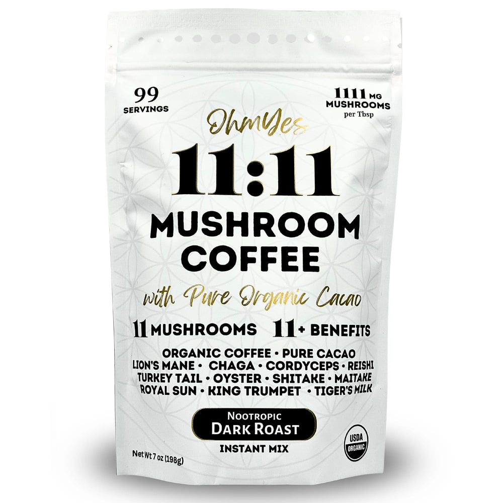 Front label of OhmYes 1111 Mushroom Coffee + Cacao 7oz