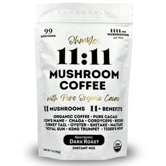 Front label of OhmYes 1111 Mushroom Coffee + Cacao 7oz