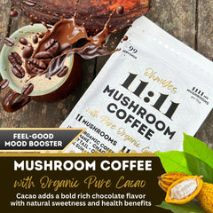 Hawaii-grown 11-mushroom blend imagery on OhmYes 1111 packaging