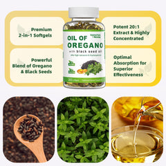 Back view of Oil of Oregano 300 Softgels with Black Seed Oil bottle label