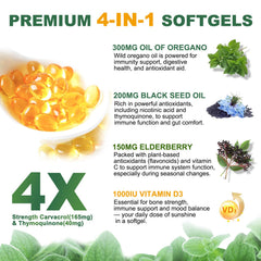 4-in-1 Oil of Oregano softgels with black seed oil, elderberry, and vitamin D3