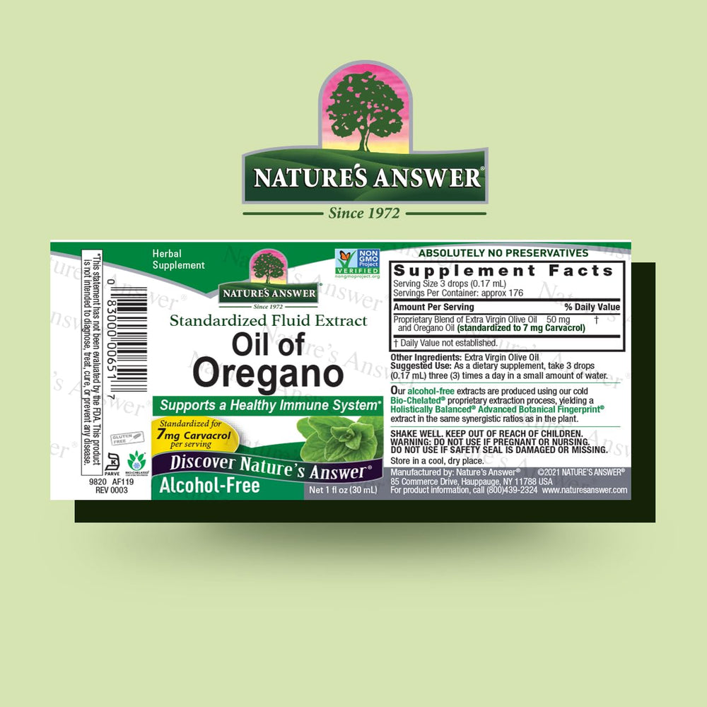 Oil of oregano leaf bottle label close-up