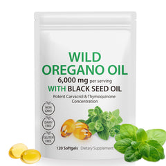 Oil of oregano softgels with 6000 mg oregano oil and 200 mg black seed oil per serving