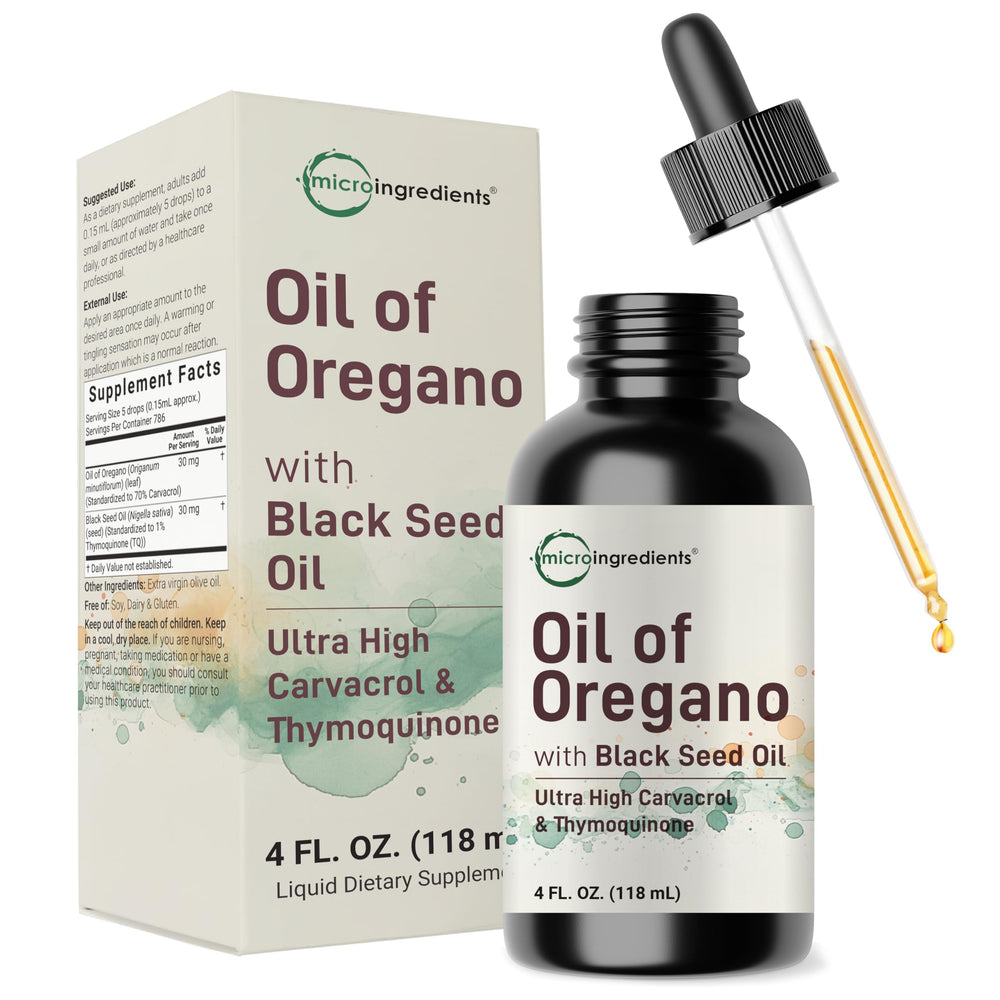 Front view of Oil of Oregano with Black Seed Oil 4oz bottle
