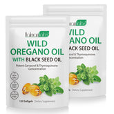Bottle of Oil of Oregano with Black Seed Oil capsules, 6000mg oregano oil, 120 softgels, organic and gluten free